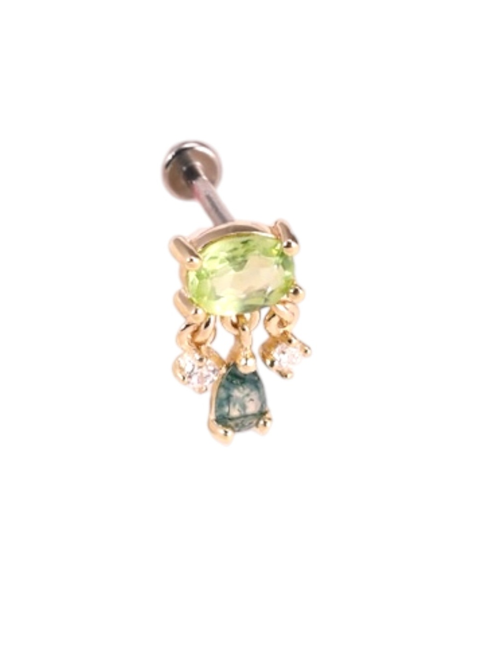14K Solid Gold Peridot Moissanite and Moss Agate Dangle Stud